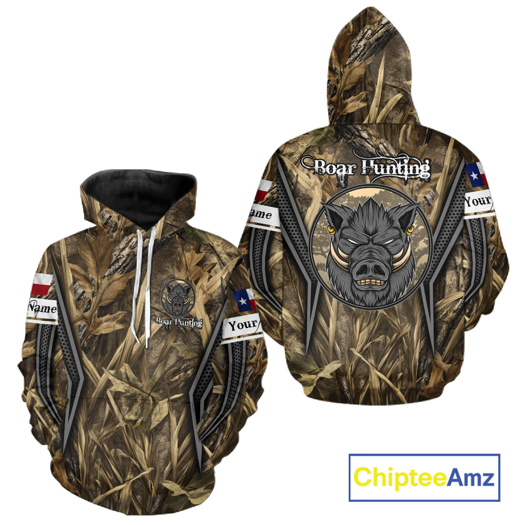 Texas Flag Wild Boar Hunting Camo Custom Name Shirts, TX Hog Hunting Shirt for Hunter NBT174