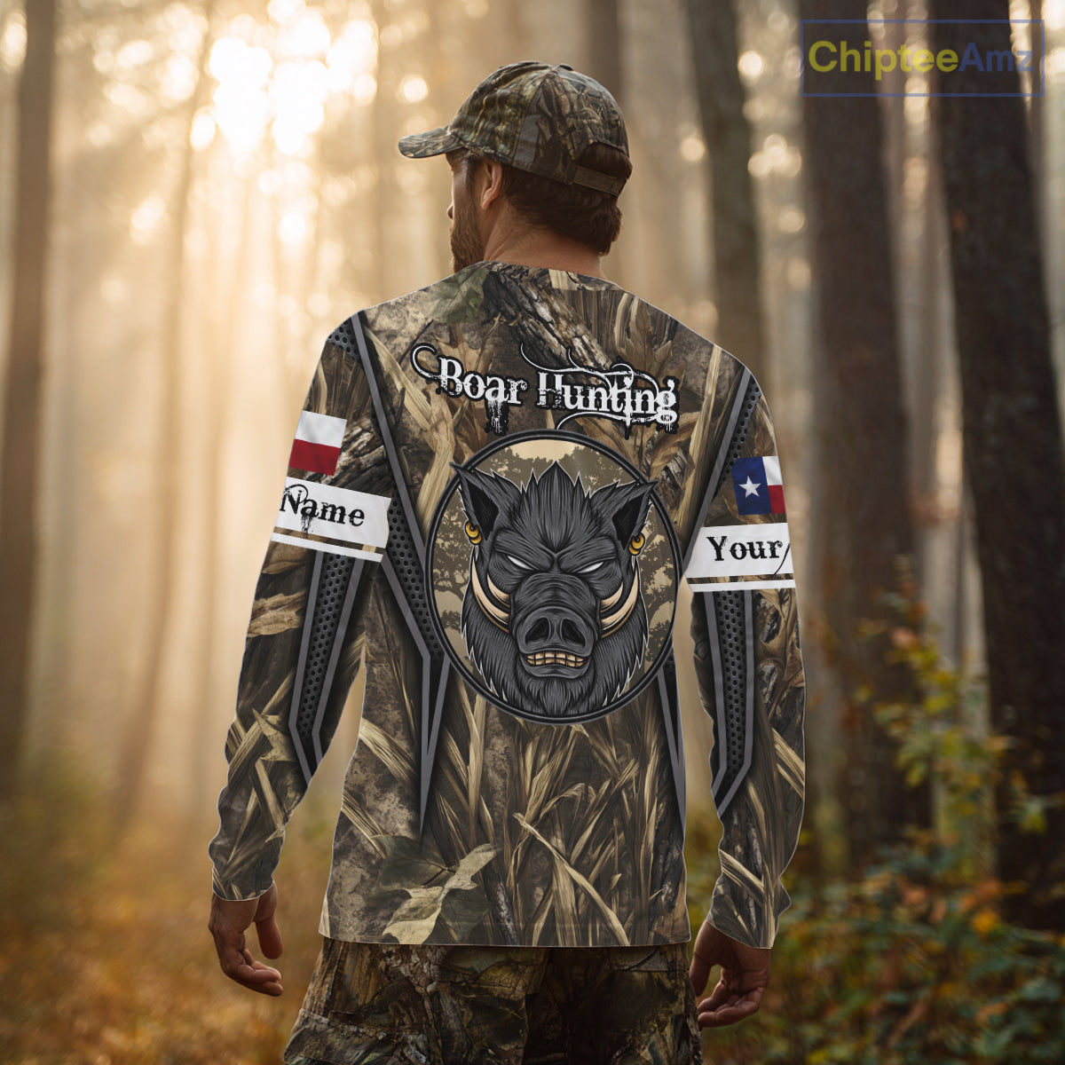 Texas Flag Wild Boar Hunting Camo Custom Name Shirts, TX Hog Hunting Shirt for Hunter NBT174
