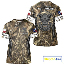 Load image into Gallery viewer, Texas Flag Wild Boar Hunting Camo Custom Name Shirts, TX Hog Hunting Shirt for Hunter NBT174