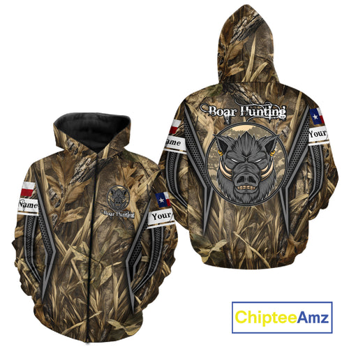 Texas Flag Wild Boar Hunting Camo Custom Name Shirts, TX Hog Hunting Shirt for Hunter NBT174
