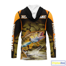 Load image into Gallery viewer, Personalized Walleye Long Sleeve Hooded Fishing Shirts Orange Camouflage, Walleye Fishing Shirts NBT395