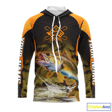 Load image into Gallery viewer, Personalized Walleye Long Sleeve Hooded Fishing Shirts Orange Camouflage, Walleye Fishing Shirts NBT395