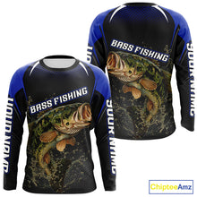Load image into Gallery viewer, Custom Largemouth Bass Fishing Blue Custom Name Long Sleeve Jerseys, Bass Fishing Tournament Shirts NBT357