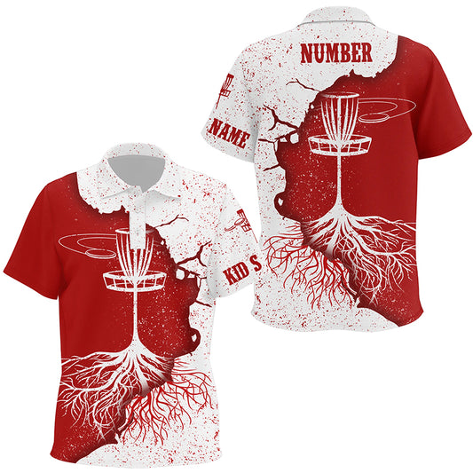Kids Disc Golf Polos Red White Grunge Custom Disc Golf Shirts For Kid Personalized Disc Golf Basket LDT1032