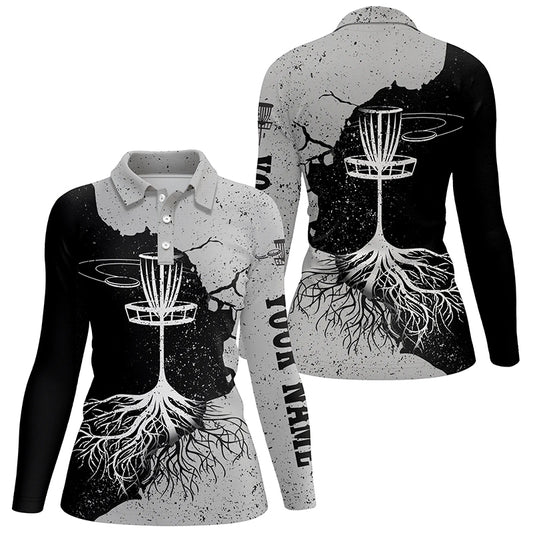 Womens Disc Golf Polo Shirt Custom Name Black & Grey Disc Golf Basket Disc Golf Shirts For Women LDT0060