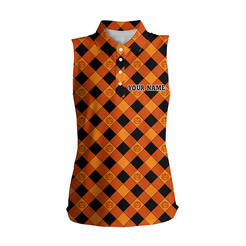 Halloween Pumpkin Seamless Orange Womens Sleeveless Polo Shirt Custom Golf Shirts For Women Golf Gift LDT0482