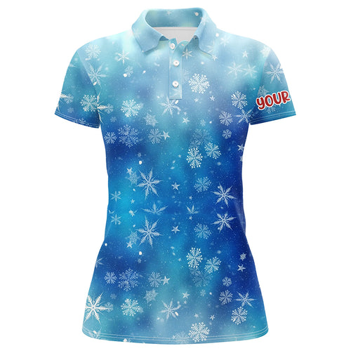 Snowflakes And Blurred Lights Blue Christmas Golf Polo Shirts Custom Golf Shirts For Women LDT0809