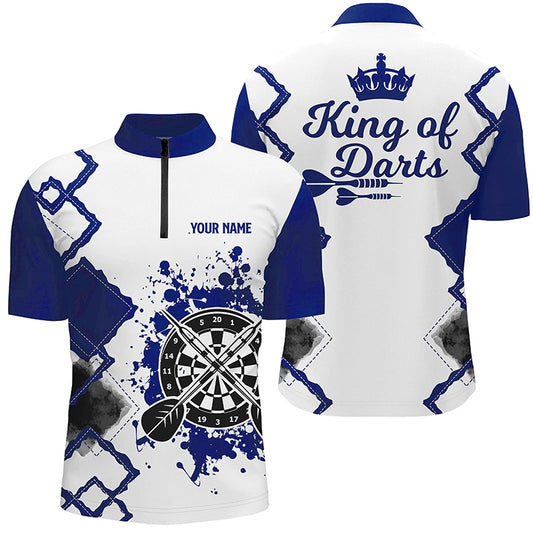King Of Darts Blue White Mens Darts Quarter Zip Shirt Customized Darts Jersey For Men LDT1223