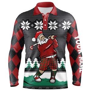 Santa Playing Golf Ugly Christmas Mens Polo Shirt Custom Argyle Pattern Funny Golf Shirts For Men LDT0857