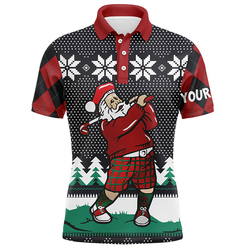 Santa Playing Golf Ugly Christmas Mens Polo Shirt Custom Argyle Pattern Funny Golf Shirts For Men LDT0857