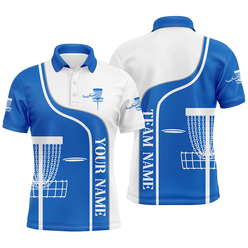 Personalized Disc Golf Basket Blue White Mens Golf Polo Shirt Custom Disc Golf Shirts For Men LDT1250