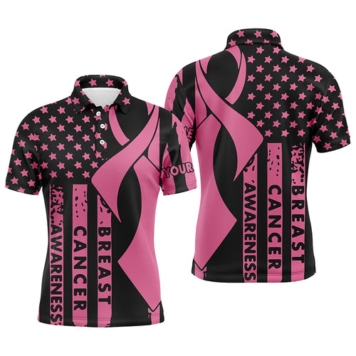 Breast Cancer Awareness American Flag Pink Ribbon Mens Golf Polo Shirts Custom Patriotic Golf Tops For Men LDT0262
