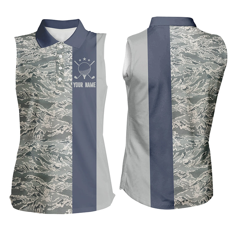 Veteran Blue Camouflage Womens Sleeveless Polo Shirt Custom Military Golf Shirts For Women Golf Gifts LDT0569