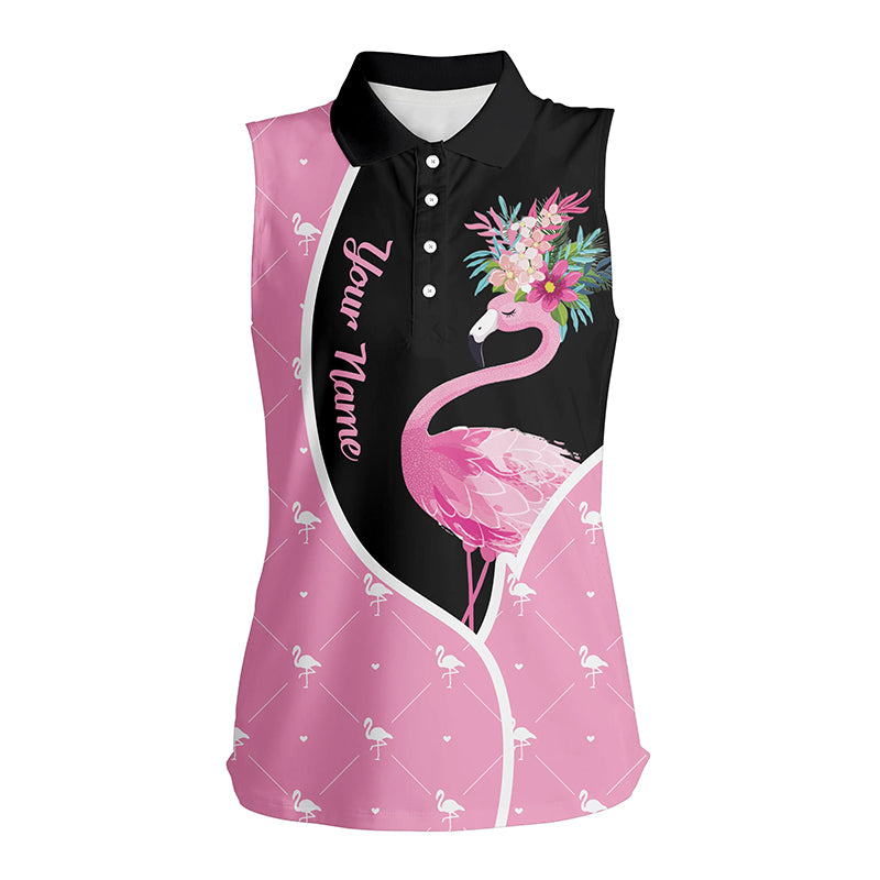 Womens Sleeveless Polo Shirt Flower Flamingo Seamless Black & Pink Custom Cute Golf Tops For Women LDT0330