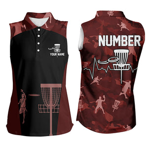 Red Camo Womens Sleeveless Disc Golf Shirts Custom Camouflage Golf Shirts For Women, Disc Golf Gifts LDT0087