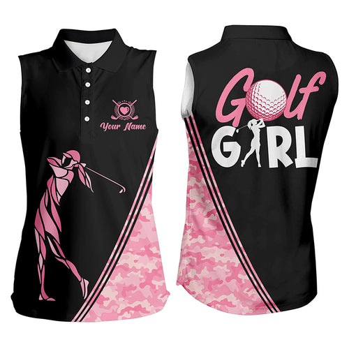 Golf Girl Pink Camo Pattern Womens Sleeveless Golf Polo Shirt Custom Name Funny Golf Shirt For Ladies LDT0012