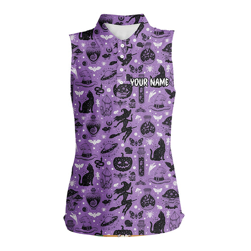 Purple Halloween Seamless With Pumpkin Cat Witch Funny Magic Halloween Sleeveless Golf Shirts For Women LDT0454