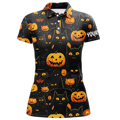 Halloween Seamless With Pumpkin & Cute Cat Golf Polos Funny Golf Tops For Women Golf Gifts LDT0457
