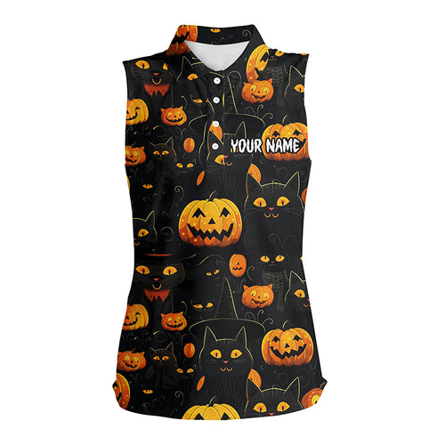 Halloween Seamless With Pumpkin & Cute Cat Womens Sleeveless Polo Shirt Funny Golf Gifts For Women LDT0457