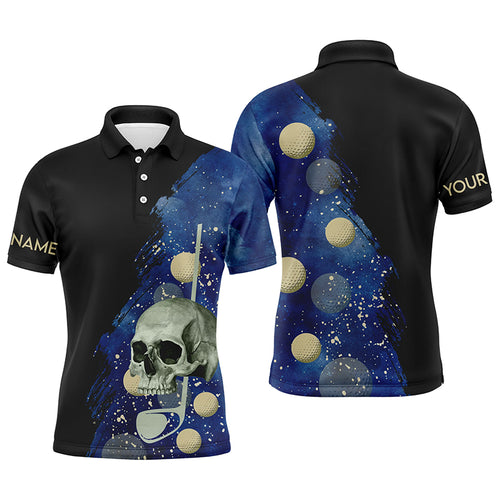 Water Color Golf Skull With Golf Ball Mens Polo Shirt, Custom Name Black Blue Golf Shirts For Men LDT0017