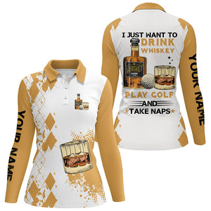 I Just Want To Drink Whiskey Golf Polo Shirts Customized Yellow Argyle Golf Shirts For Women LDT0790