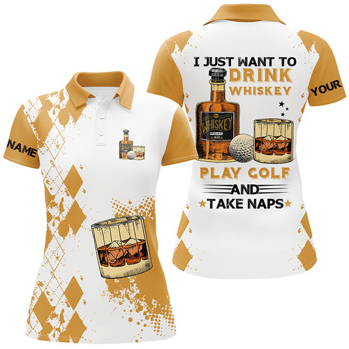 I Just Want To Drink Whiskey Golf Polo Shirts Customized Yellow Argyle Golf Shirts For Women LDT0790