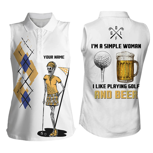 I'm A Simple Woman Skull Beer Argyle Pattern Womens Sleeveless Polo Shirt Beer Golf Shirts For Women LDT0528