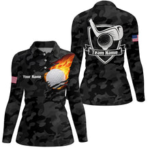 Load image into Gallery viewer, Black Camo Fire Golf Ball Flame Golf Polo Shirts Custom American Flag Golf Shirts For Women LDT0282