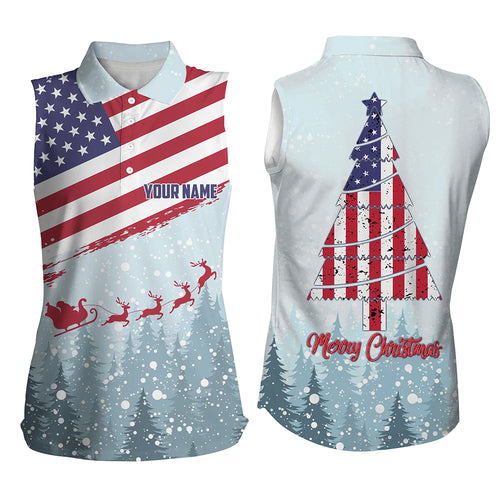 Christmas Usa Flag Womens Sleeveless Polo Shirt Custom Winter Forest Patriotic Golf Shirts For Women LDT0670
