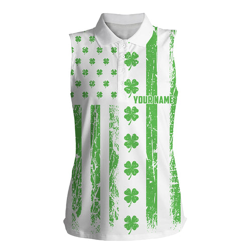 St Patrick Day American Flag Womens Sleeveless Polo Shirt Green Clover Patriotic Golf Tops For Women LDT1356