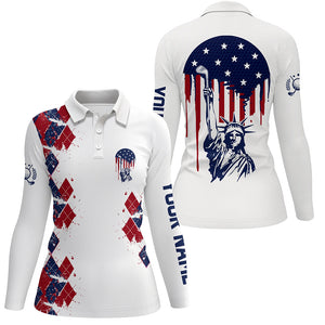 Statue Of Liberty 4Th Of July American Flag Argyle Golf Polos Patriotic Golf Shirts For Women LDT0476