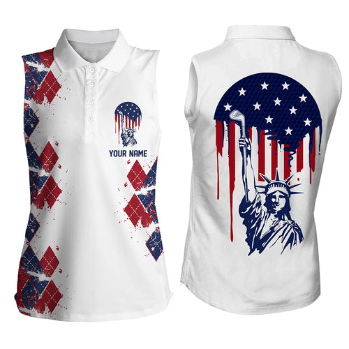 Statue Of Liberty 4Th Of July American Flag Argyle Womens Sleeveless Polo Shirt Patriotic Golf Tops LDT0476