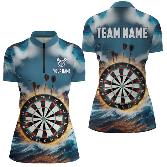 Fire And Water Blue Darts Quarter Zip Shirt Custom Darts Shirt For Women Dart Jerseys LDT1431