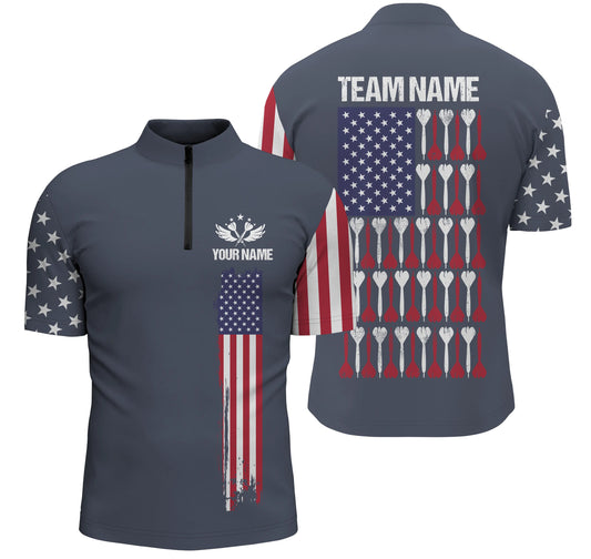 American Flag Navy Dart Quarter-Zip Shirt Custom Patriotic Darts Shirt For Men Dart Jersey LDT0509