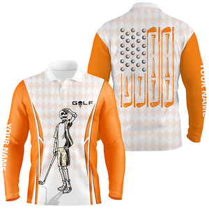 Mens Orange Argyle American Flag Patriotic Golf Polo Shirts Custom Skull Golf Shirts For Men LDT0293