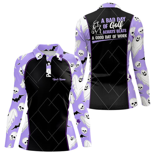 Womens Purple Halloween Golf Polo Shirt, Halloween With Skulls And Ghosts Golf Shirts For Women LDT0113