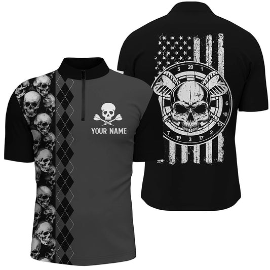 Black Grey Argyle Skull Darts Quarter-Zip Shirt American Flag Patriotic Dart Jersey For Men LDT0382
