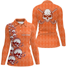 Load image into Gallery viewer, Elegant Orange Argyle Pattern Skull Golf Polo Shirts Custom Halloween Golf Gifts For Women LDT0439