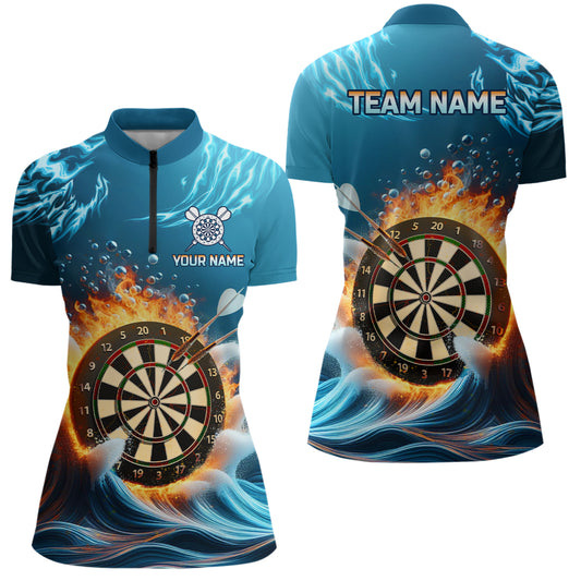 Fire And Water Blue Darts Quarter Zip Shirt Custom Darts Shirt For Women Dart Team Jerseys LDT1427