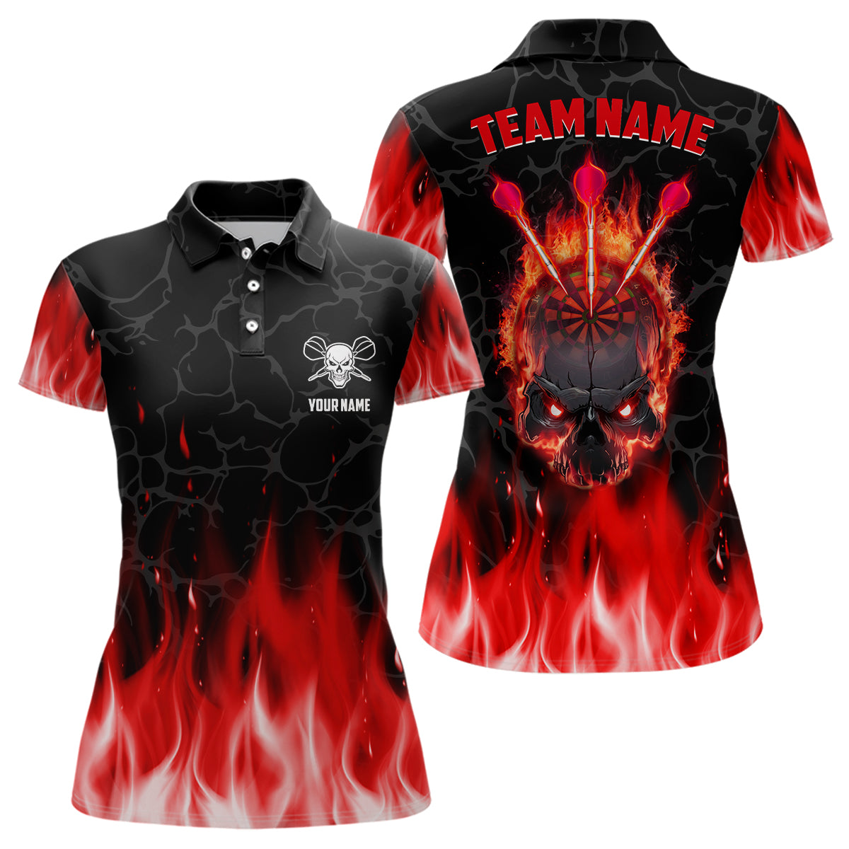 Red Flame Skull Darts Womens Polo Shirt Custom Scary Darts Shirt For Women Dart Jerseys LDT1028