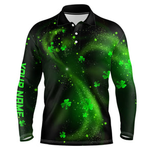 St Patrick Day Green Clovers On Black Mens Golf Polo Shirt Shamrock Custom Golf Gifts For Men LDT1018
