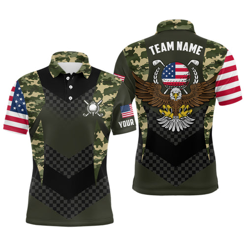 Mens Custom Name American Flag Camo Eagle Golf Polo Shirts, Patriotic Golf Shirts For Men LDT0231