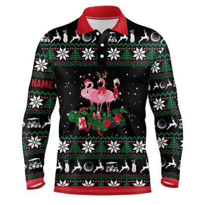 Christmas Flamingo Mens Golf Polo Shirt Custom Golf Gifts For Men Personalized Men Golf Tops LDT1043