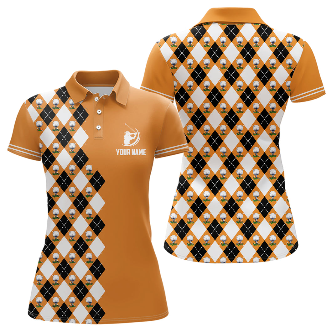 Orange Argyle Pattern Golf Polo Shirts Personalized Cool Golf Shirts For Women Golf Gifts LDT0544