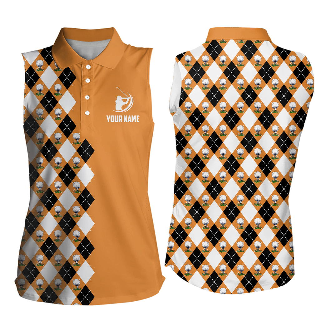 Orange Argyle Pattern Womens Sleeveless Polo Shirt Personalized Cool Golf Shirts For Women Golf Gifts LDT0544