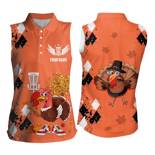 Turkey Bird Thanksgiving Disc Golf Womens Sleeveless Polo Argyle Orange Custom Women Disc Golf Tops LDT0872