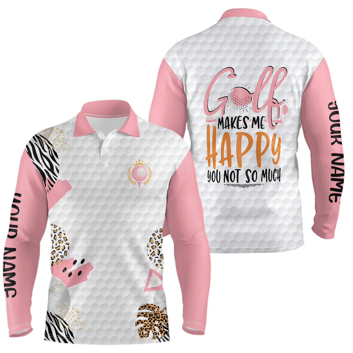 Golf Makes Me Happy Pink White Mens Golf Polo Shirt Custom Leopard Pattern Cute Golf Tops For Men LDT0892