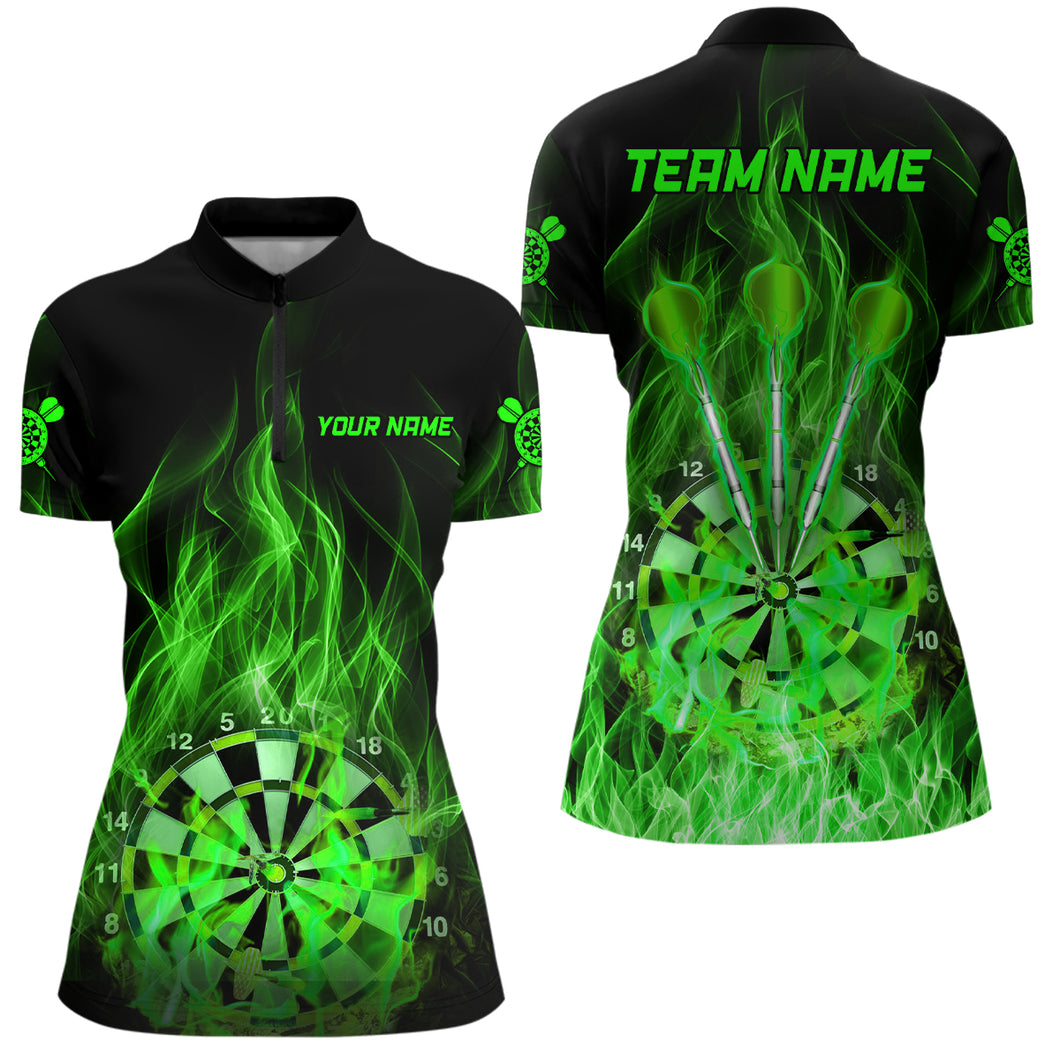 Green Fire Flame Womens Darts Quarter Zip Shirt Custom Dart Shirts For Women Dart Jerseys LDT1326