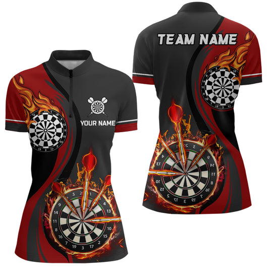 Red Fire Flame Womens Darts Quarter Zip Shirt Custom Dart Shirts For Women Dart Jerseys LDT1475
