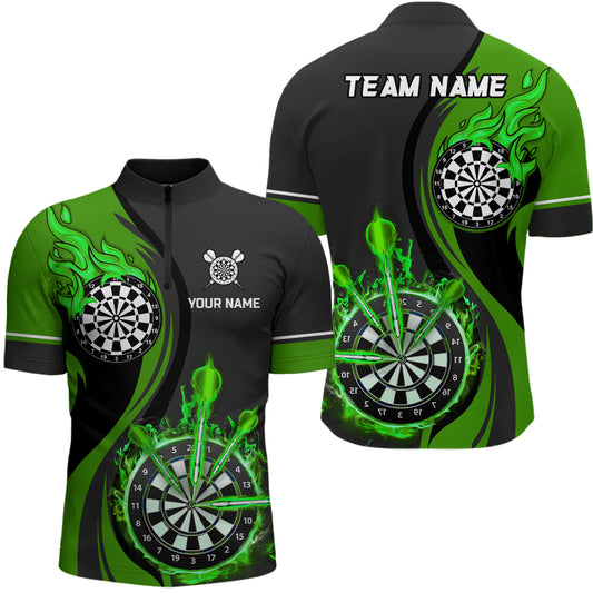 Green Fire Flame Mens Darts Quarter Zip Shirt Custom Dart Shirts For Men Dart Jerseys LDT1476